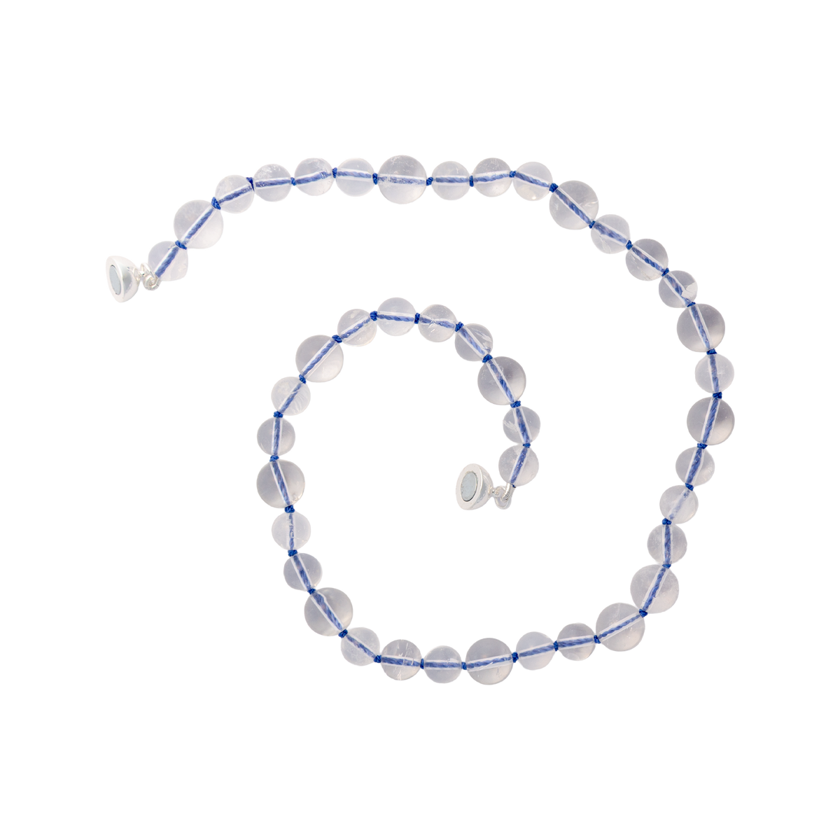 Open view of clear quartz necklace individually hand-knotted on nylon thread